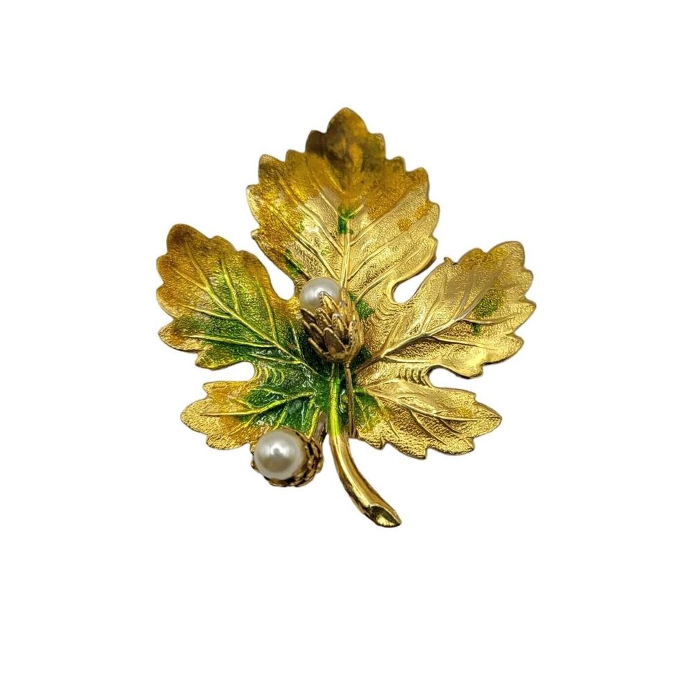 Vintage Green & Gold Maple Leaf Gold Tone Faux Pearl 2.5" Brooch Pin